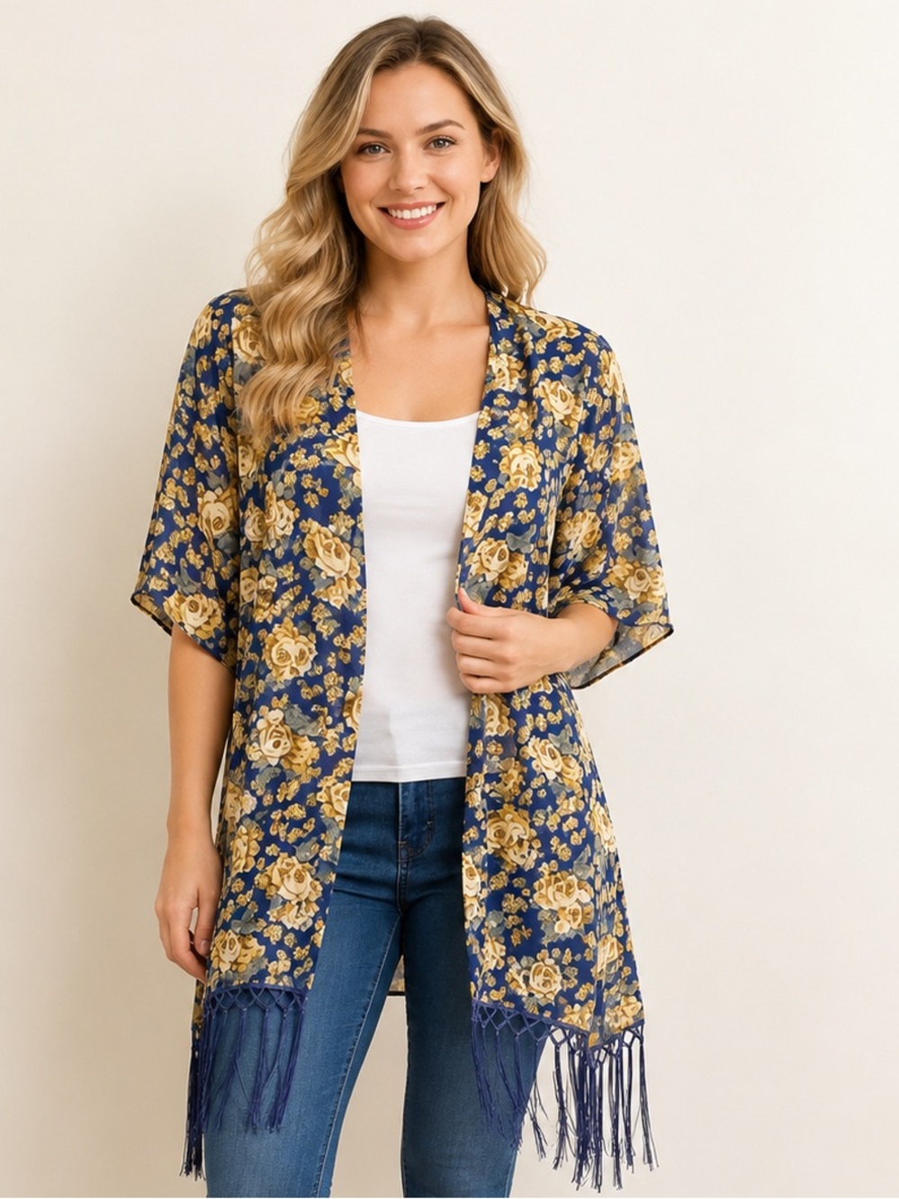 NEW LulaRoe Kimono Floral Print With Fringe and Grayed Accents- Small NWT